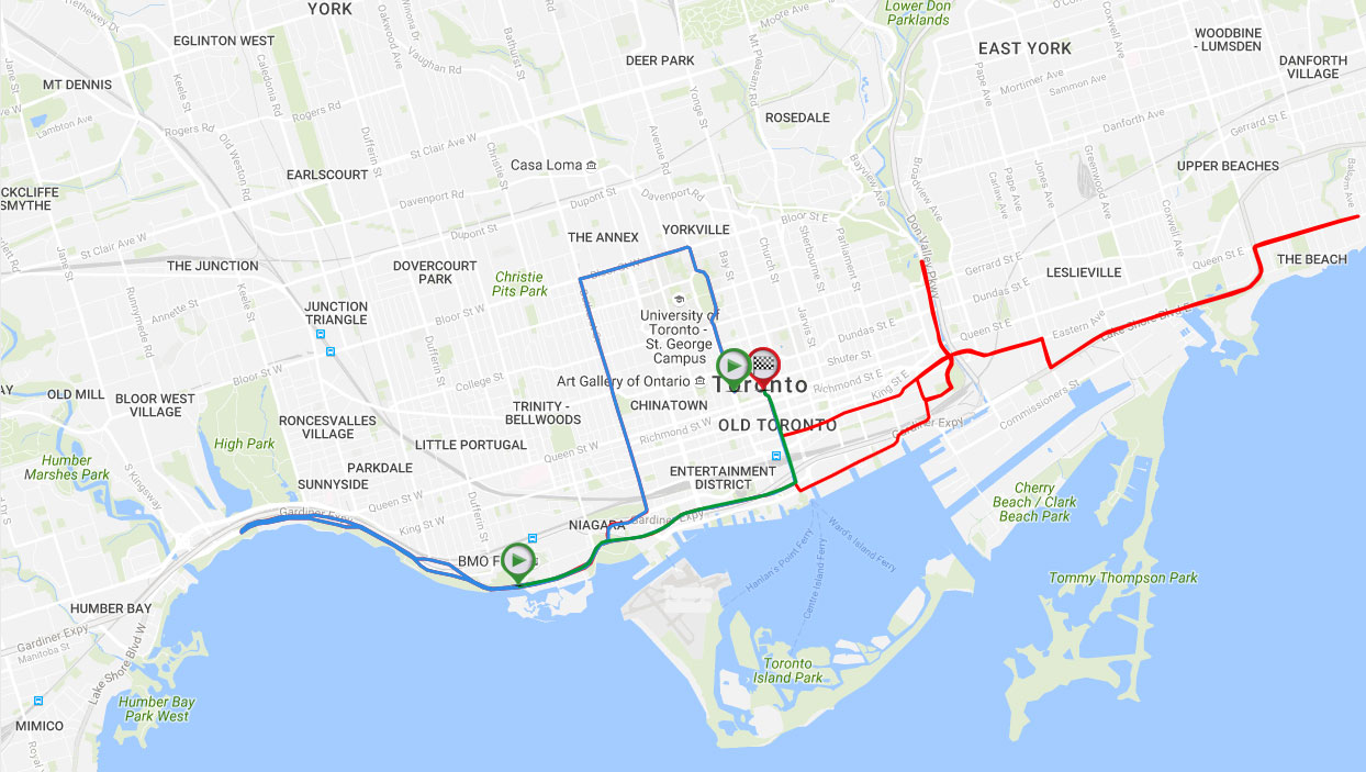 Road closure map for the 2016 Scotiabank Toronto Waterfront Marathon. Image via racepoint.ca.
